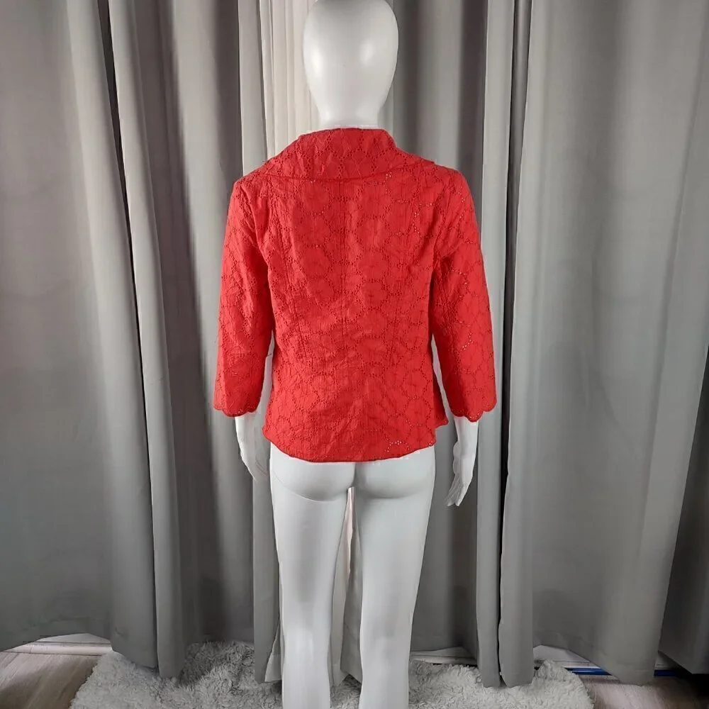Leslie Stuart Women's 100% Cotton Coral Eyelet Floral Cotton Scallop Jacket Sz 6 - Picture 3 of 12